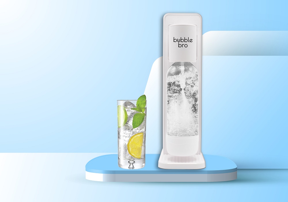Bubble Bro Machine with glass of water